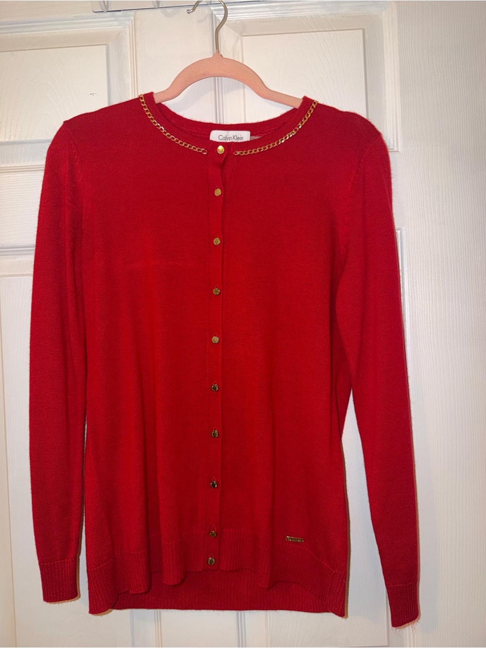 Calvin Klein Red Cardigan with Gold Chain Trim